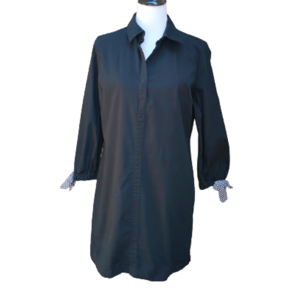Heyton Black Shirt Dress Short Checkered Bow Accent 3/4 Sleeves Cotton